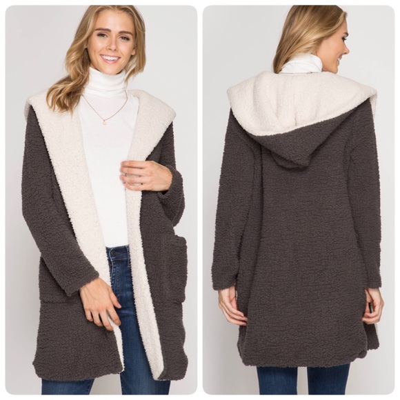 The NEW Boutique Jackets & Blazers - Gray Hooded Shearling Fleece Coat